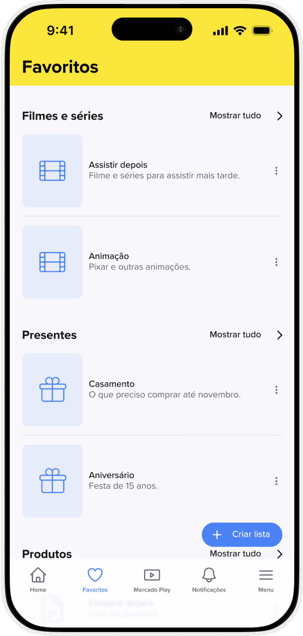 Mobile phone screen showing the "Favorites" section of an app. Categories include "Movies and series" with items like "Watch later" and "Animation," and "Gifts" with items like "Wedding" and "Birthday." The bottom navigation bar has icons for Home, Favorites, Mercado Play, Notifications, and Menu.