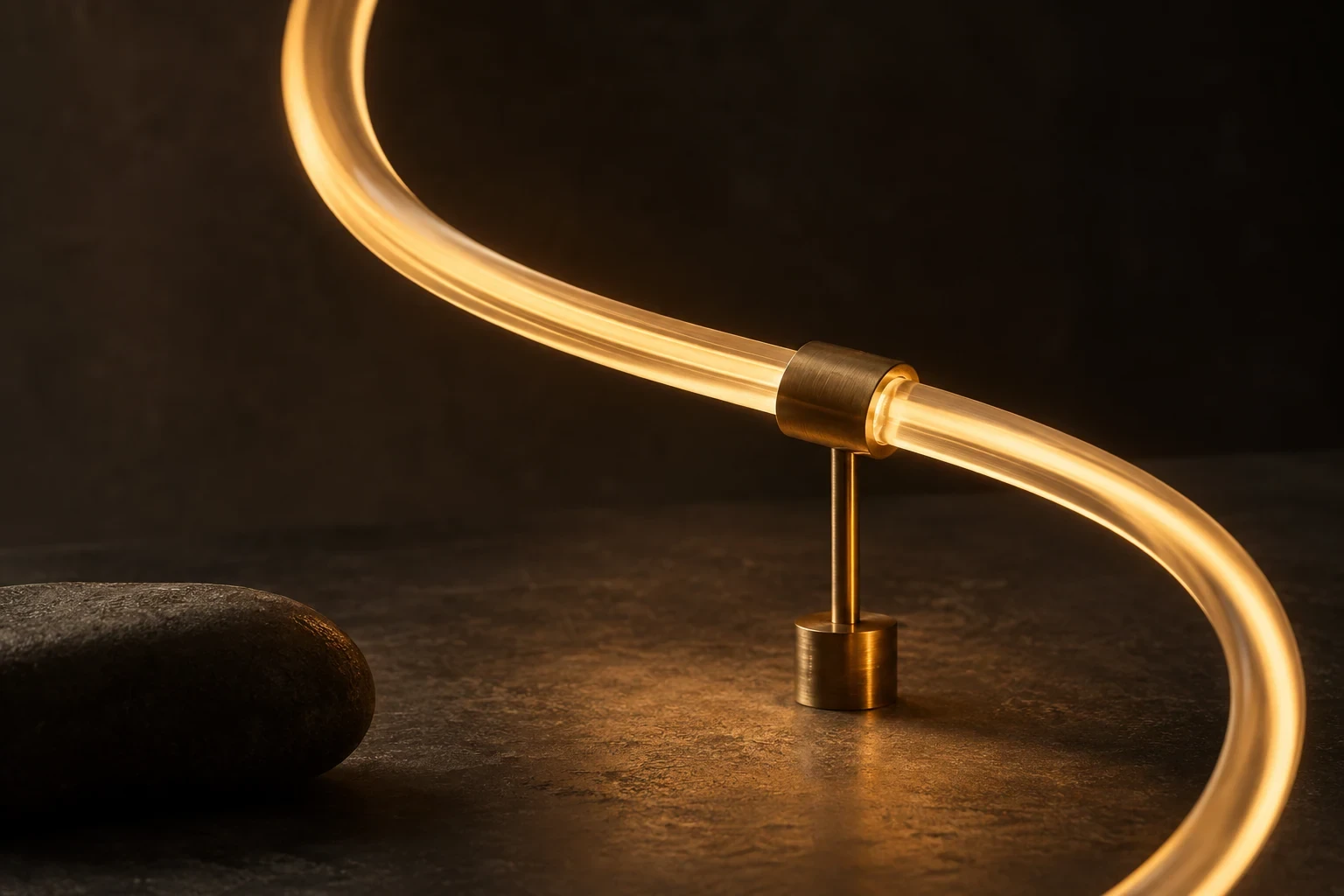 Macro of an original thin glowing amber light tube curving through dark space with delicate brass support