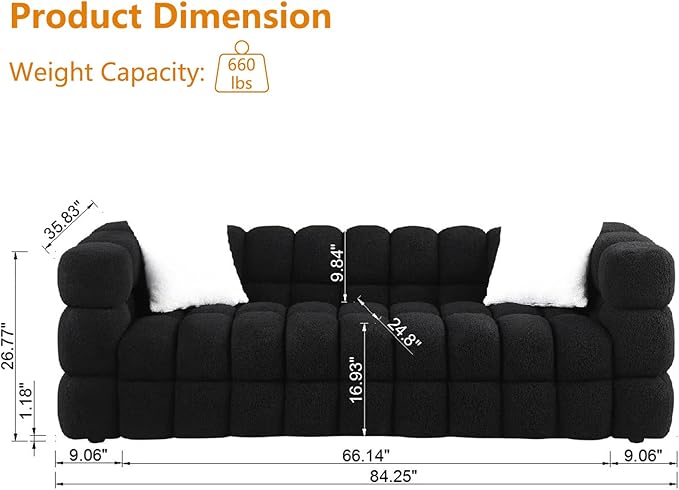 "Dimensions of Black Cloud Couch with plush cushions"