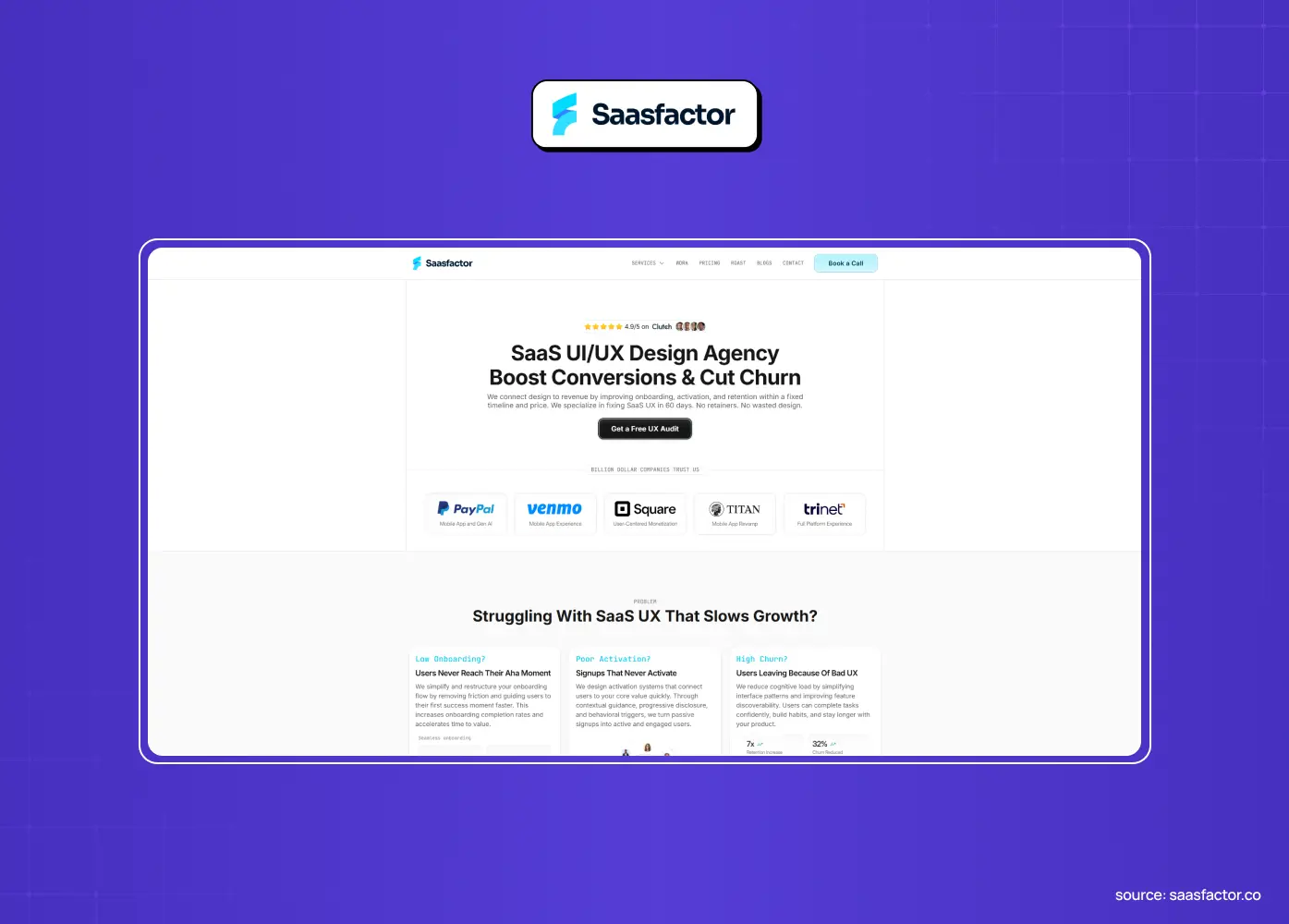 Saasfactor website promoting SaaS UI/UX design services, with the headline “Boost Conversions & Cut Churn” and client logos.