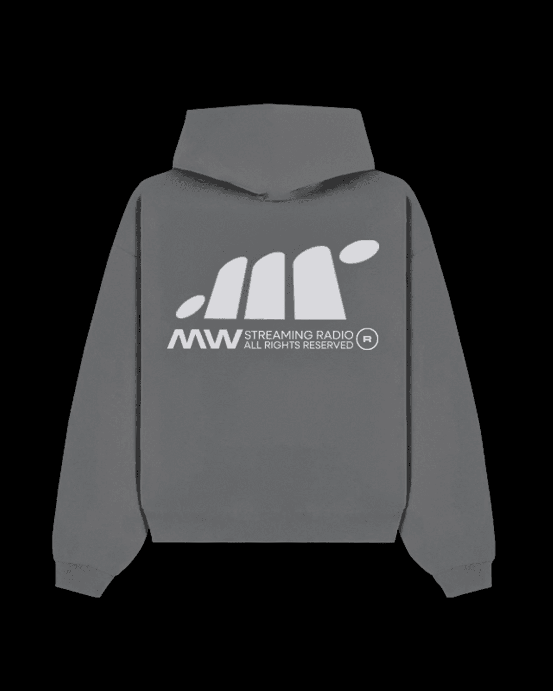 A grey hoodie with a big logo on the back.