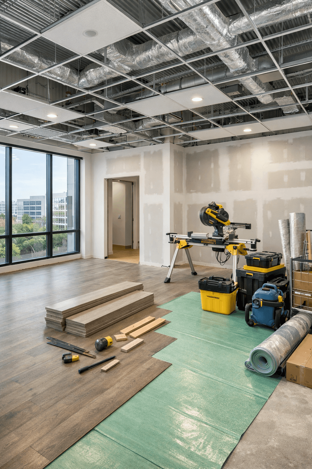 Commercial tenant buildout in progress with new flooring installation, exposed ceiling ductwork, drywall finishing, and professional construction equipment — Monumental Contractors commercial renovation services in Virginia, Maryland, and Washington DC