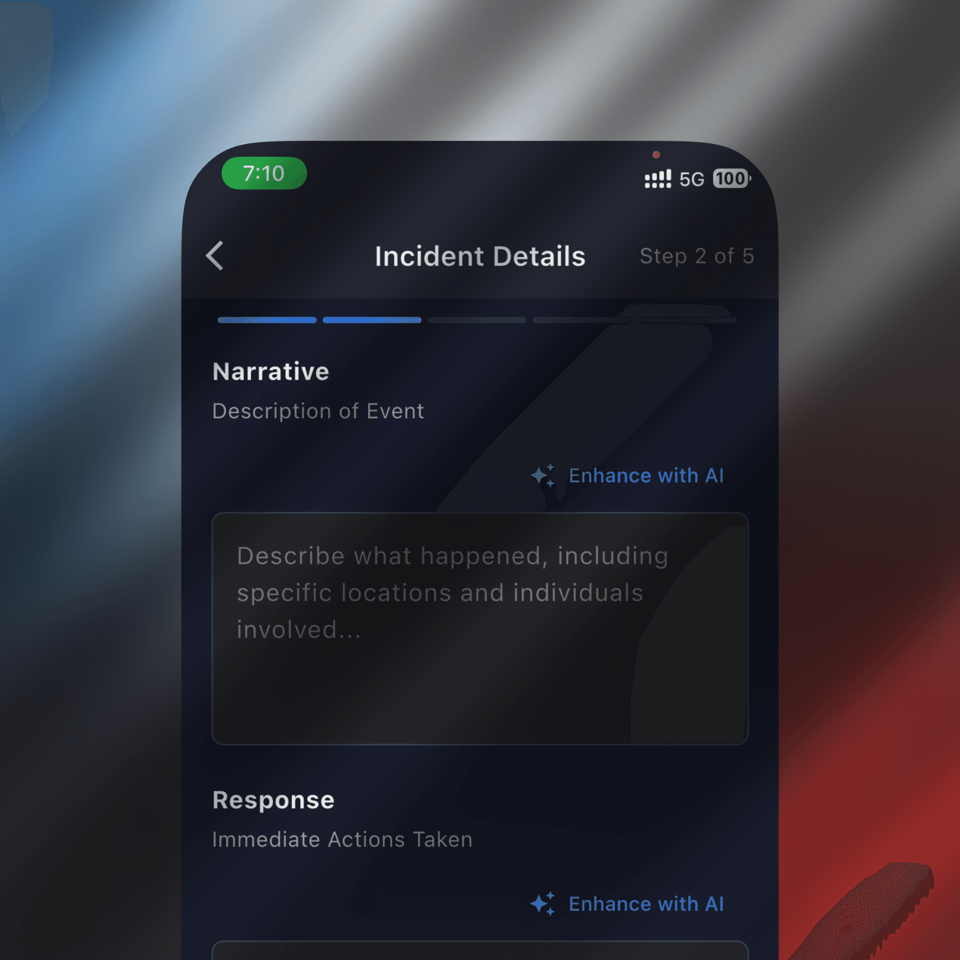 Tyros® reporting module screen on mobile app showing real-time incident, activity, and operational reports