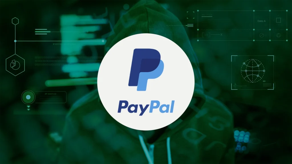 PayPal-Logo vor dunklem, grünem Cyber-Hintergrund mit digitalen Elementen; eine Gestalt mit Kapuze ist schwach zu erkennen.