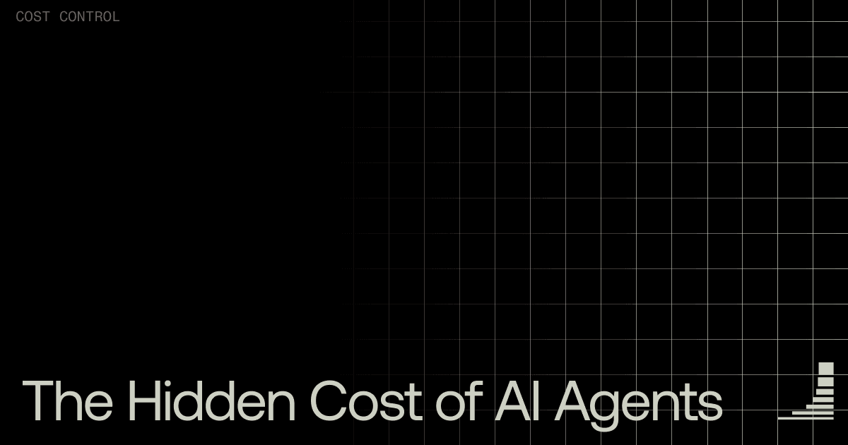 Black blog cover image with subtle grid pattern. Category label reads "COST CONTROL" in the upper left. Large headline text reads "The Hidden Cost of AI Agents." Waxell logo in the bottom right corner.