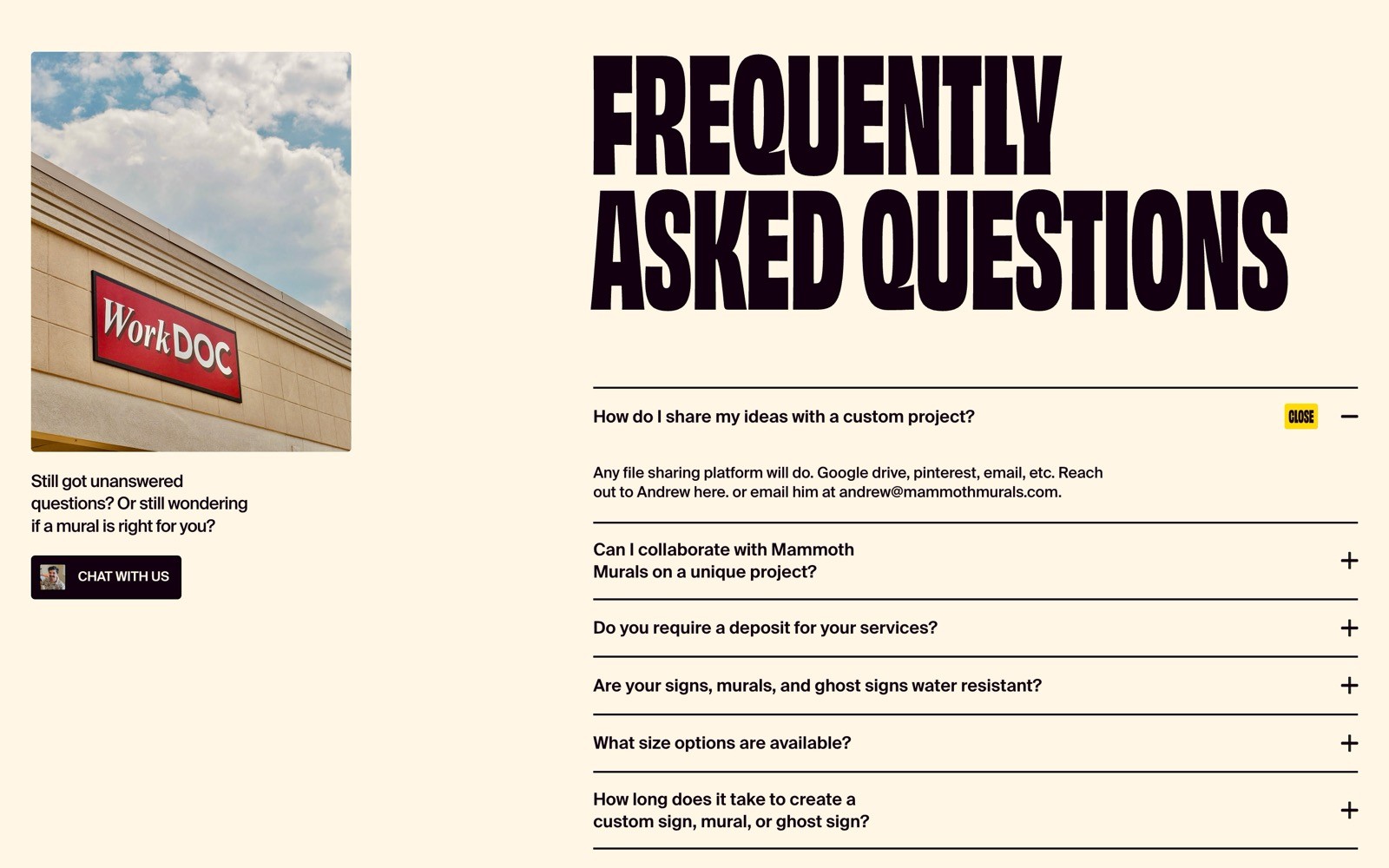 Frequently Asked Questions section with bold title. Left shows "WorkDOC" sign on a building. Chat box text: "Still got unanswered questions?".