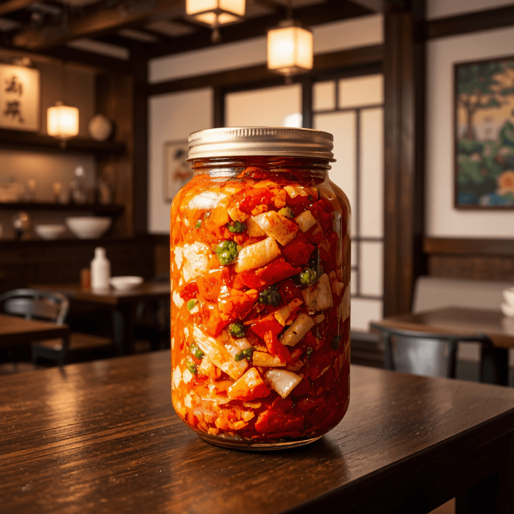 product photography of a jar of spicy Korean fermented vegetables