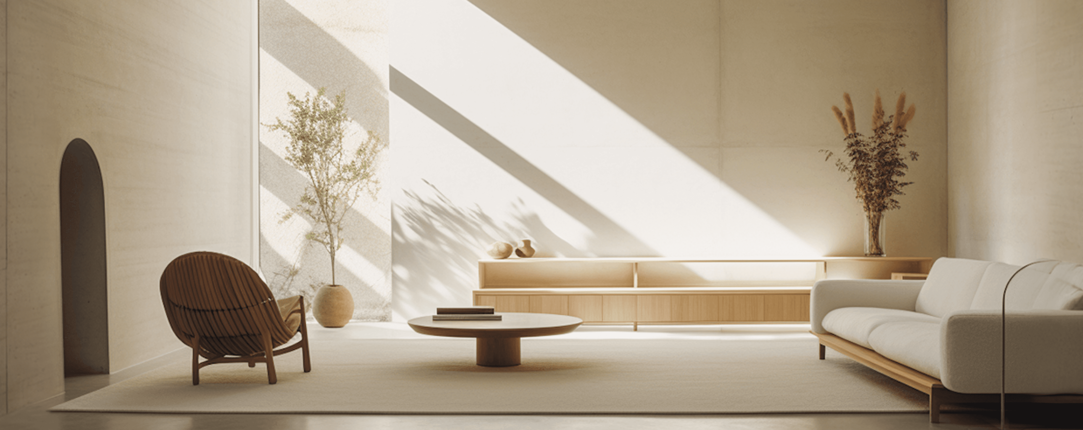 Sunlit contemporary living space with dramatic angular shadows, featuring brown woven lounge chair, round pedestal coffee table with books, cream modular sofa, and dried pampas grass in floor vase