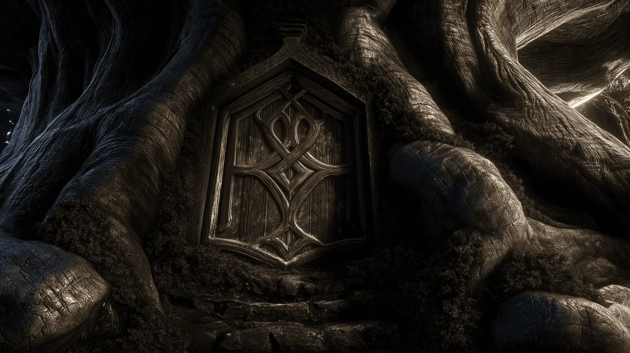 A carved wooden door set into the roots of an ancient tree.