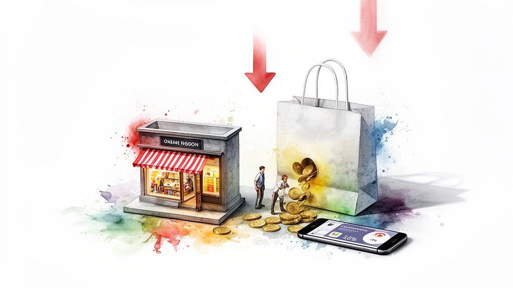 Illustration of an online store with a leaky shopping bag losing money, showing low conversion rate.