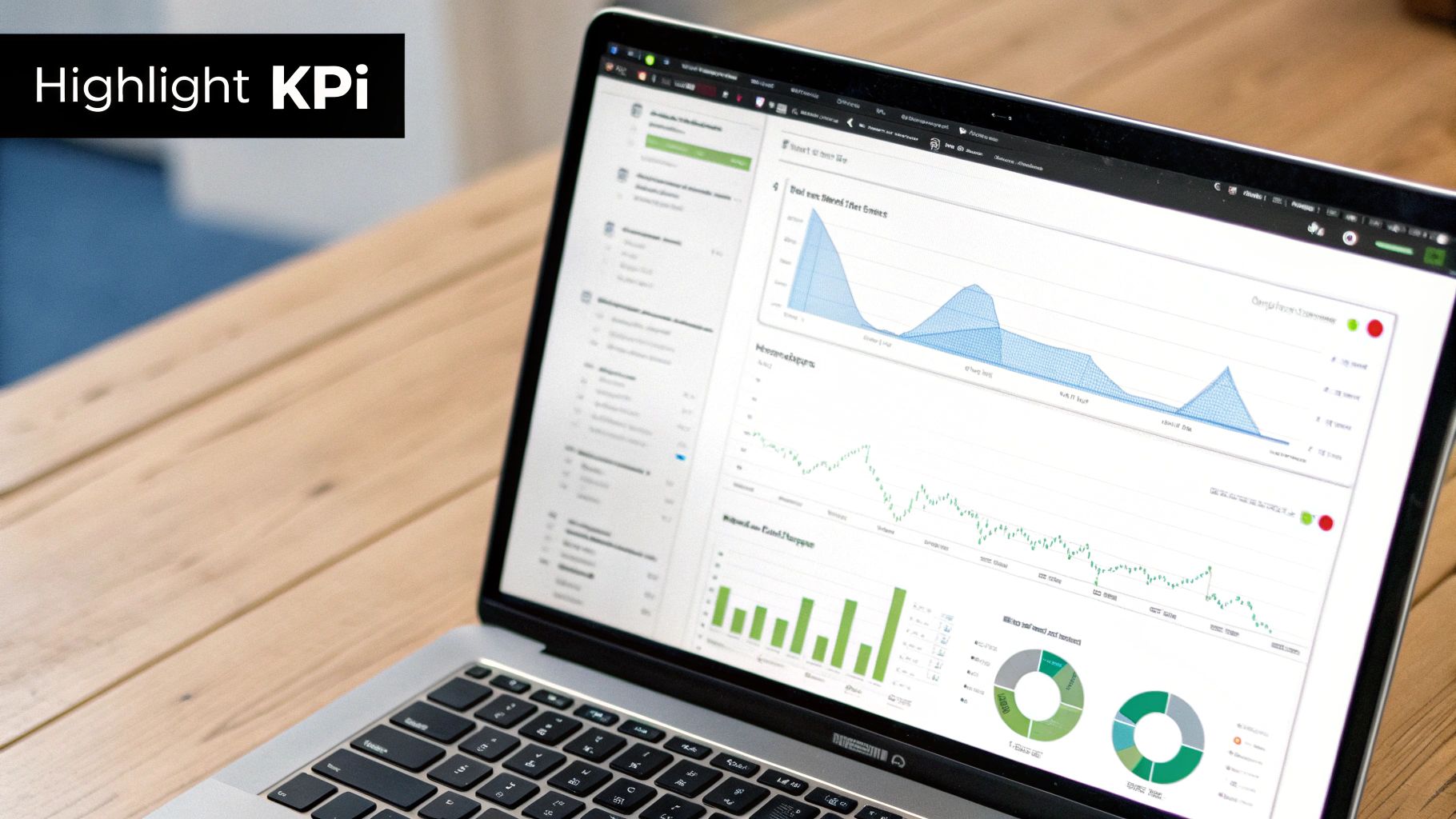 A laptop screen displaying a detailed data analytics dashboard with various charts and graphs, on a wooden desk.