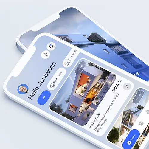 Real estate app UI design showing modern property listings and clean user interface