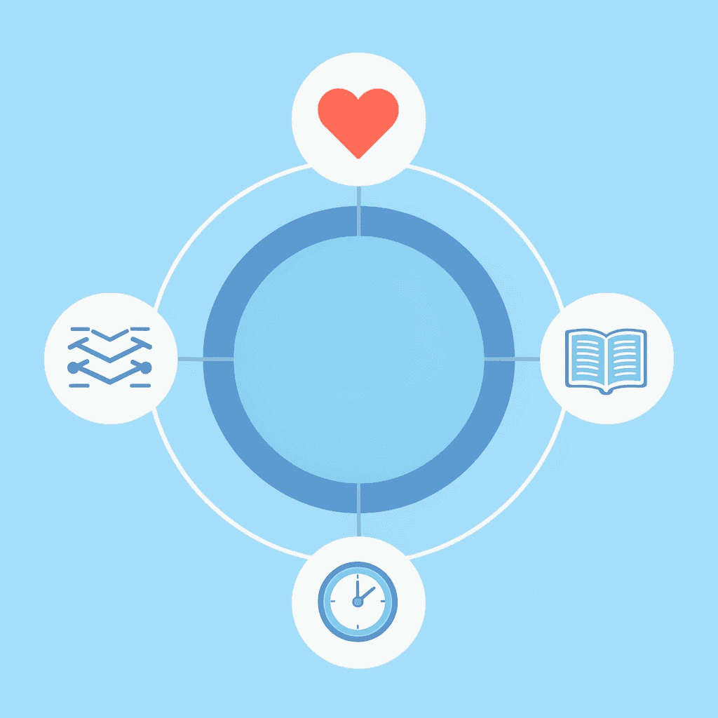 Central hub showing GLP-1 app connected to four key tracking elements: protein intake, hydration, medication, and weight