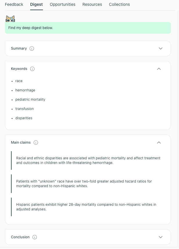 The Digest interface listing main claims from a study on racial disparities in pediatric mortality, highlighting specific hazard ratios for unknown race and Hispanic patients.
