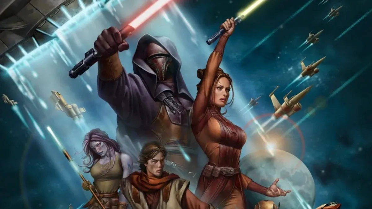 Darth Revan holding a red lightsaber in front of other Star Wars force users