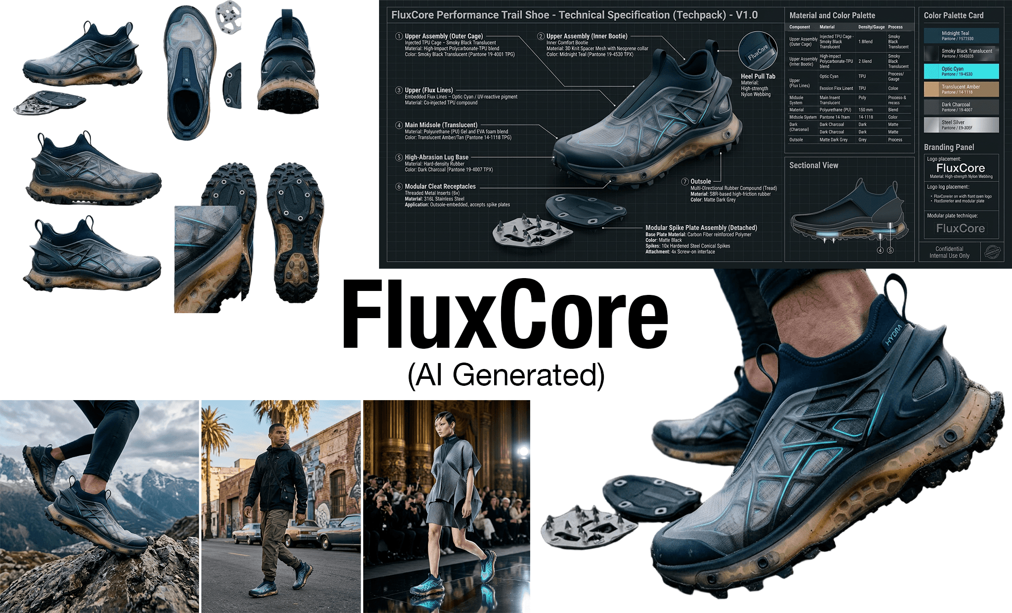 FluxCore is an AI-generated concept shoe designed at the intersection of materials engineering and extreme-environment design — a precision-built trail instrument that abandons convention in favor of a monocoque shell architecture, field-swappable traction modules, and a form that feels less like footwear and more like engineered protective equipment.
