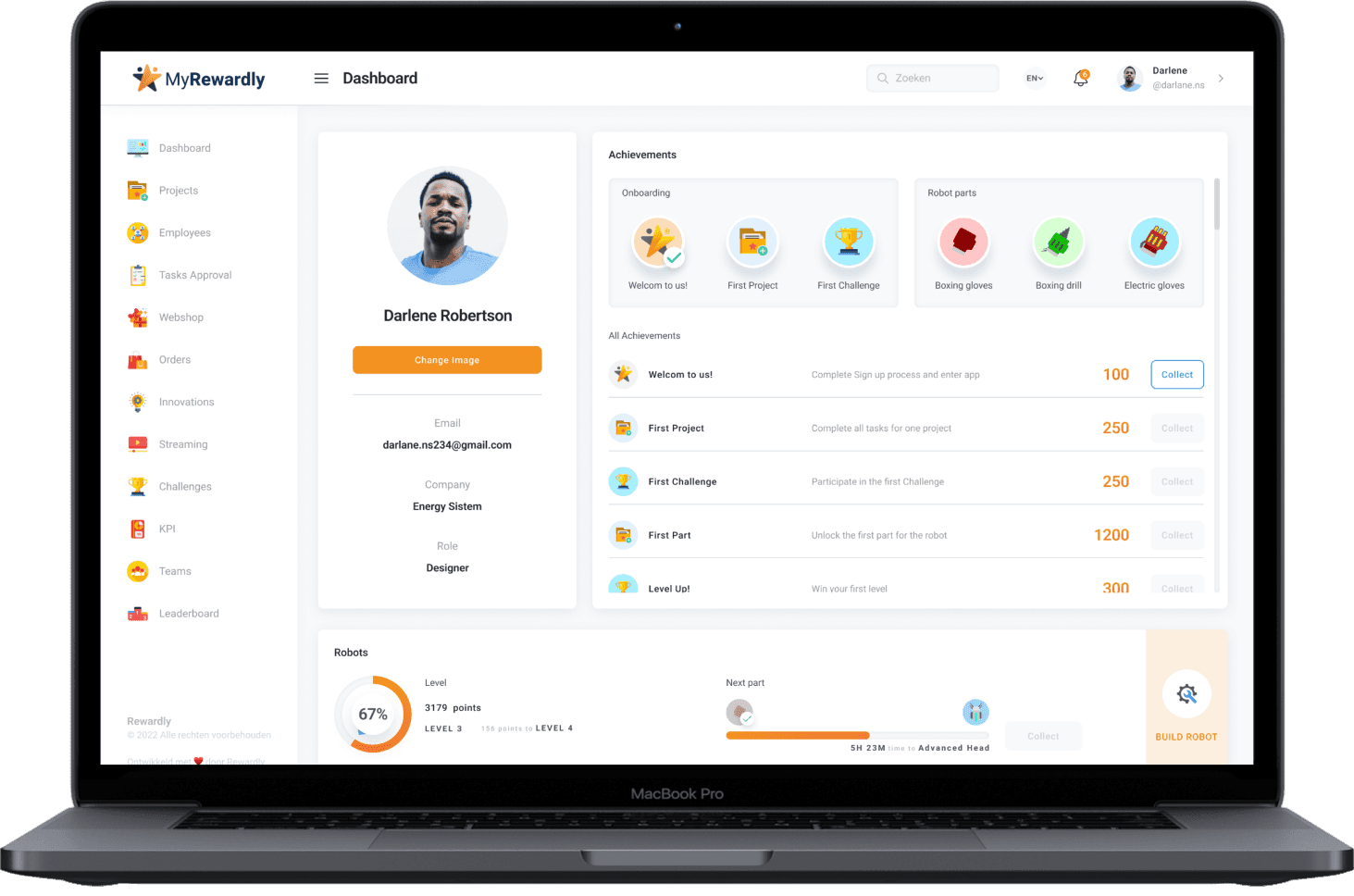 Laptop showing user's profile and statistics from Rewardly