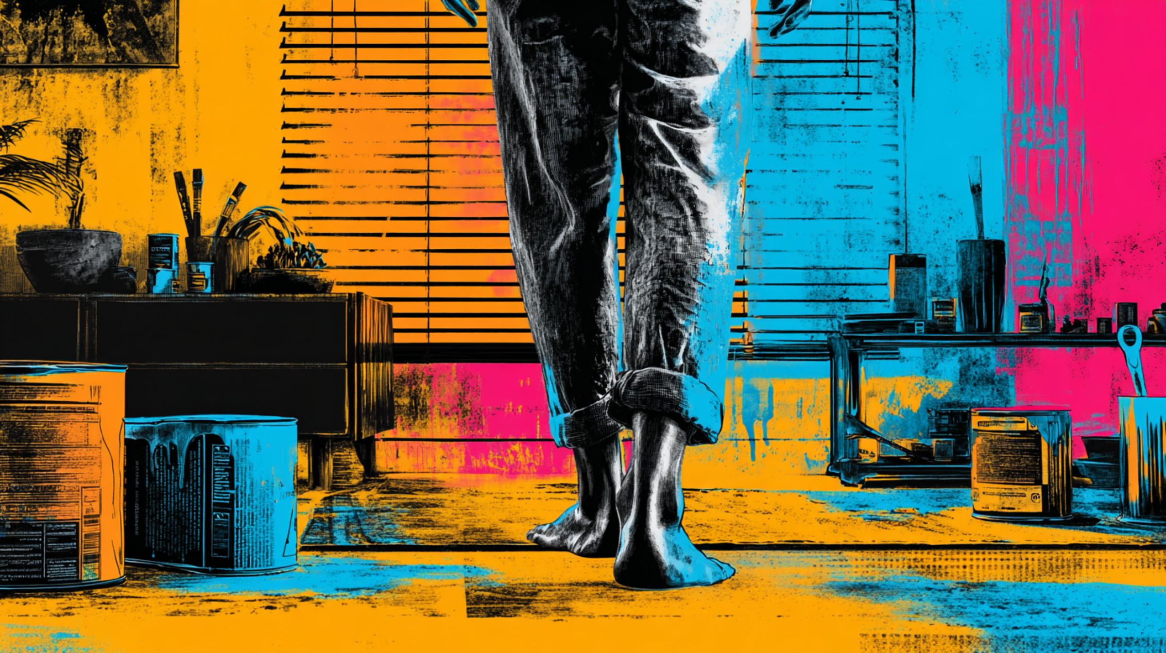 Bare feet on a studio floor streaked with warm light and fading pigment — the wavelength finally human again.