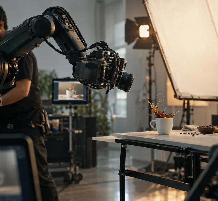 A robotic camera arm filming a coffee cup with a splash in a bright studio
