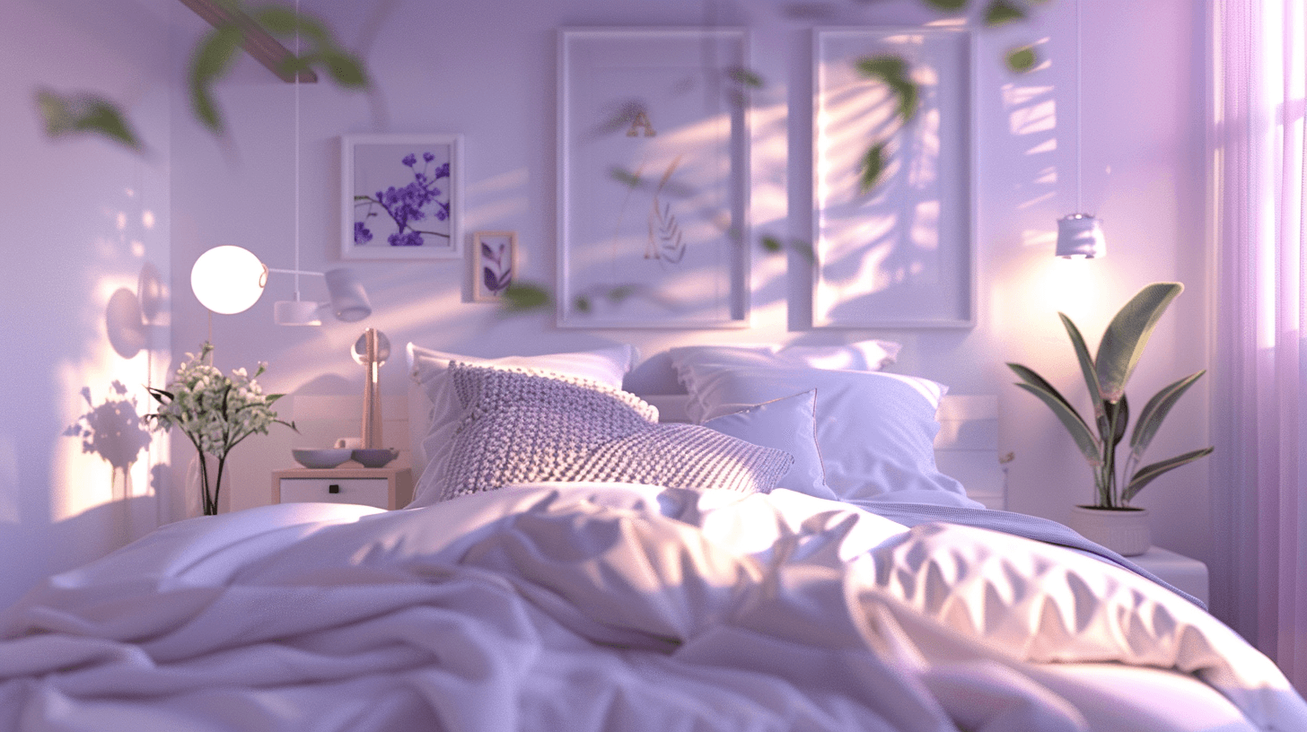 A serene bedroom with purple tones, a minimalist bed, wooden nightstands, and soft natural lighting.