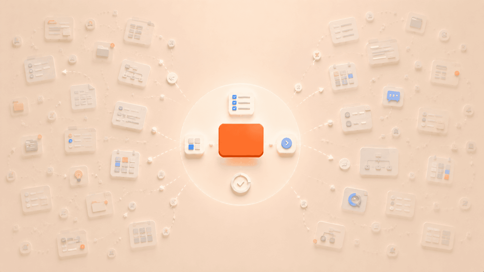 Minimalistische 3D-Illustration mit einer schwebenden korallfarbenen Fokuskarte in einer geschützten Fokuszone in der Bildmitte. Rundherum verlaufen transparente Projektkacheln, Aufgabenkarten, Kalenderfragmente, Erinnerungspunkte und offene Workflow-Elemente in viele Richtungen und symbolisieren mentale Überlastung durch zu viele gleichzeitig offene Projekte, während nur wenige priorisierte Elemente geordnet zur zentralen Aufgabe geführt werden.