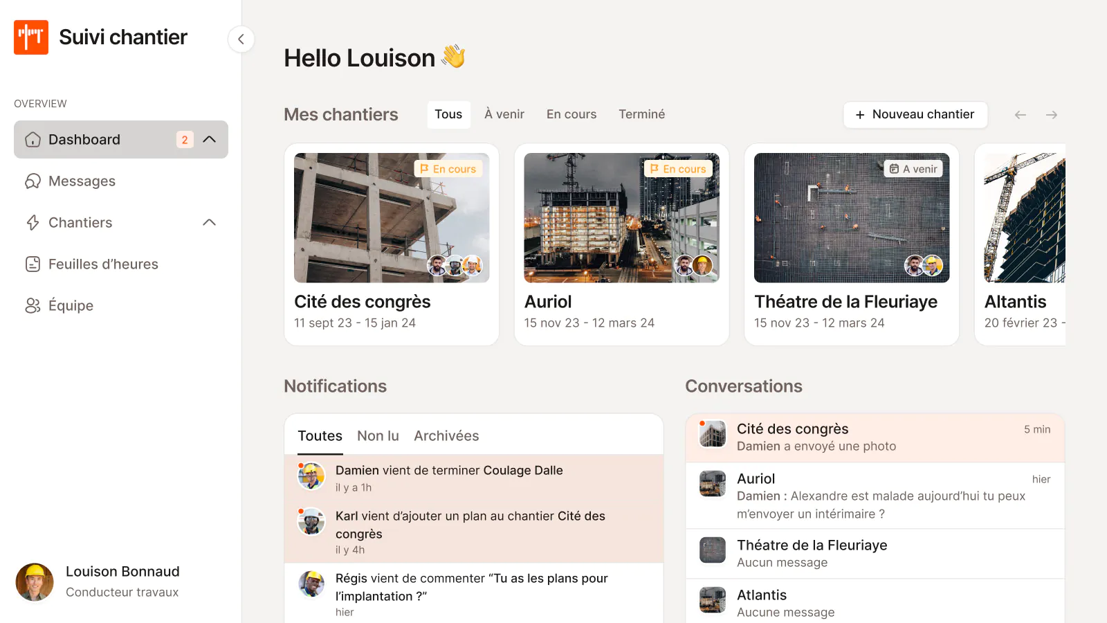 Interface du logiciel suivi de chantier pour les TPE du batîment