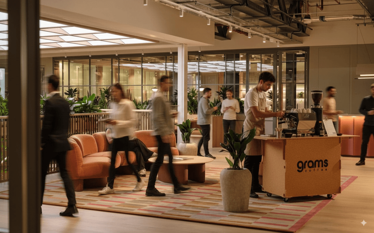 A barista operates a coffee cart with the “grams coffee” logo inside a modern office space as people chat nearby.