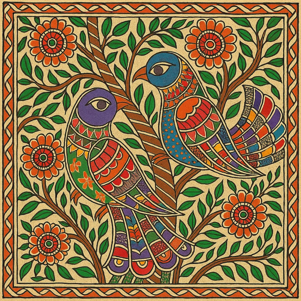 Mithila folk painting with two birds and trees