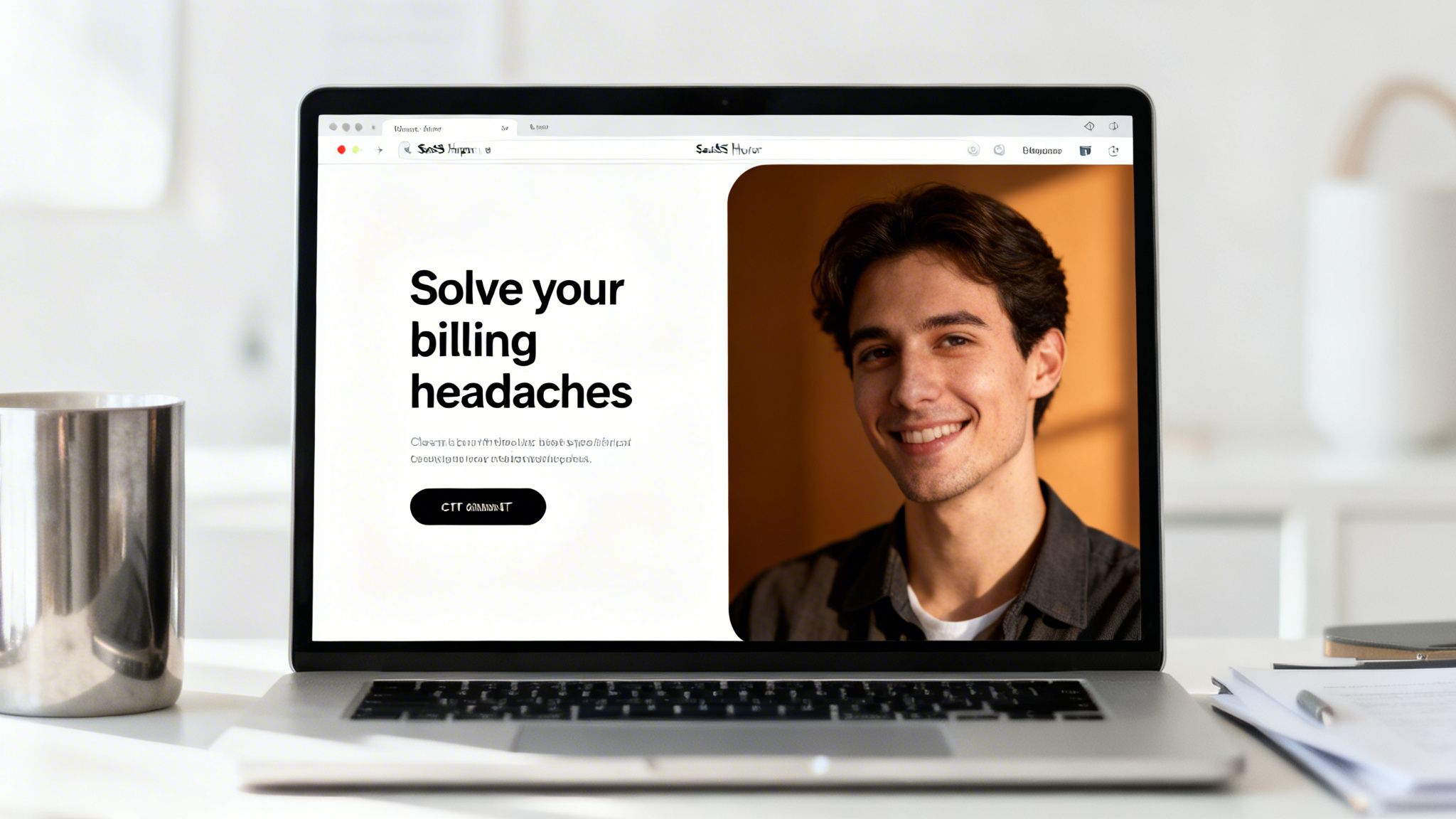 A laptop on a desk showing a SaaS landing page with 'Solve your billing headaches' and a smiling man.