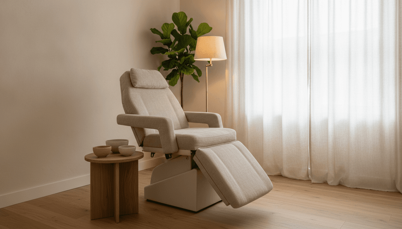 Calm interior of Studio Mimae's brow studio in Hoogeveen, with a soft neutral tr