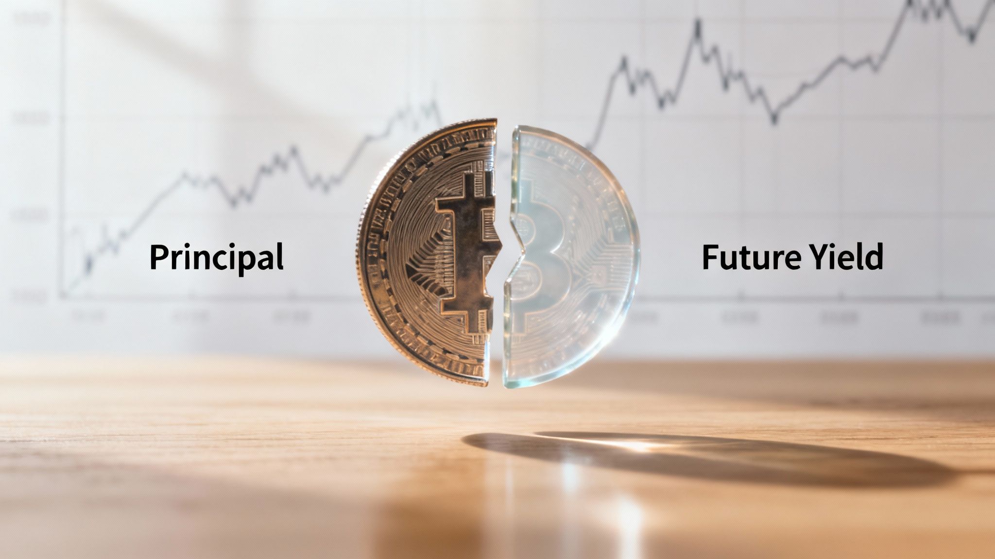 A Bitcoin coin split in two, representing principal and future yield, with a financial chart background.