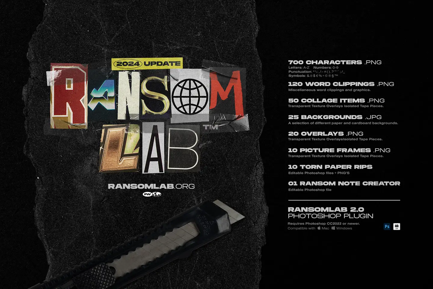 RansomLab 2024 update overview listing all seven hundred characters word clippings and creative collage elements