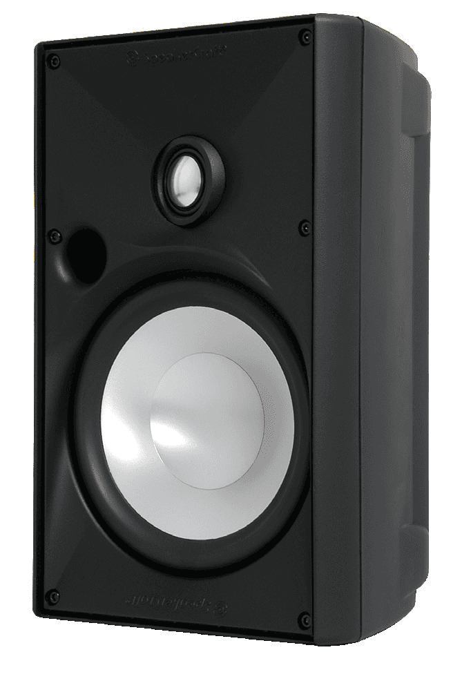 Black outdoor speaker with silver woofer