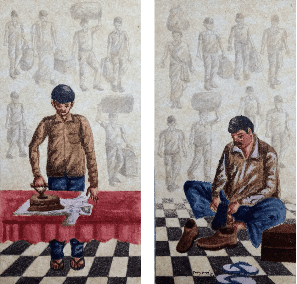 herd of sheep on road painting