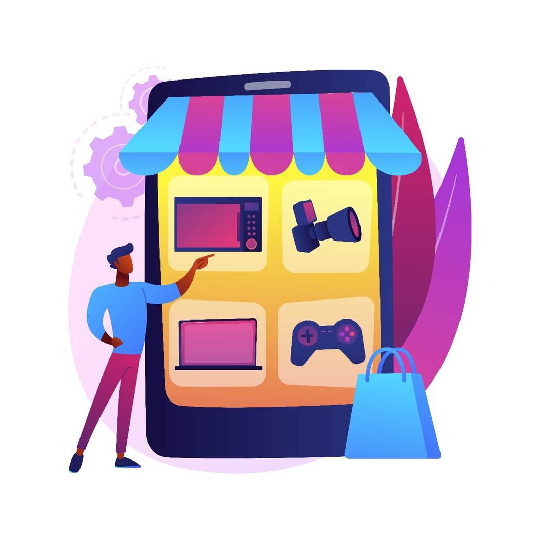 Illustration of a shopper browsing electronics and gadgets in a mobile e-commerce storefront