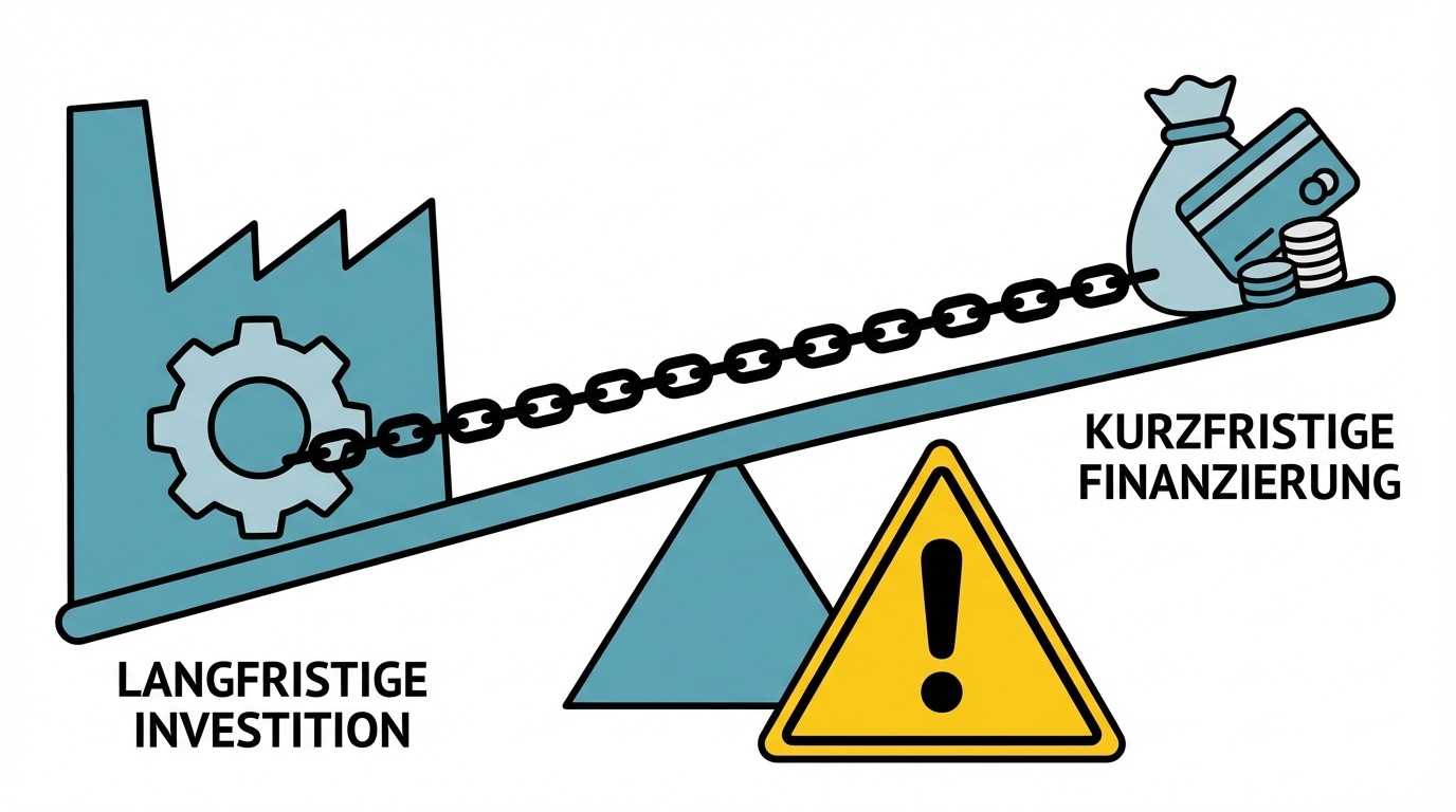 Waage mit Maschine und Kreditkarte im Gleichgewicht. Dazu Checkliste Finanzierungsplan: Zweck, Laufzeit, Rückzahlung.