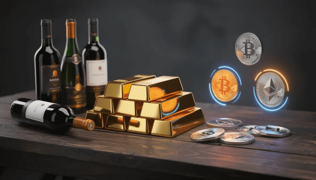 The image features a collection of alternative investment assets, including shiny gold bars, elegant wine bottles, and various cryptocurrency symbols, all artfully arranged on a rustic wooden table. This diverse assortment represents different avenues for generating passive income and building wealth, appealing to those interested in enhancing their financial future.