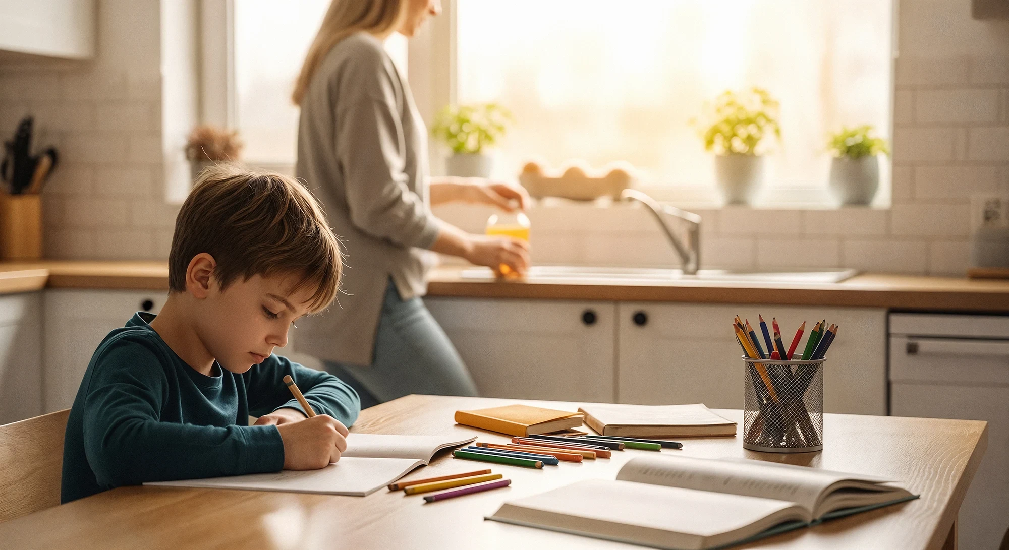 Child doing homework at table with colored pencils while parent stands in kitchen background