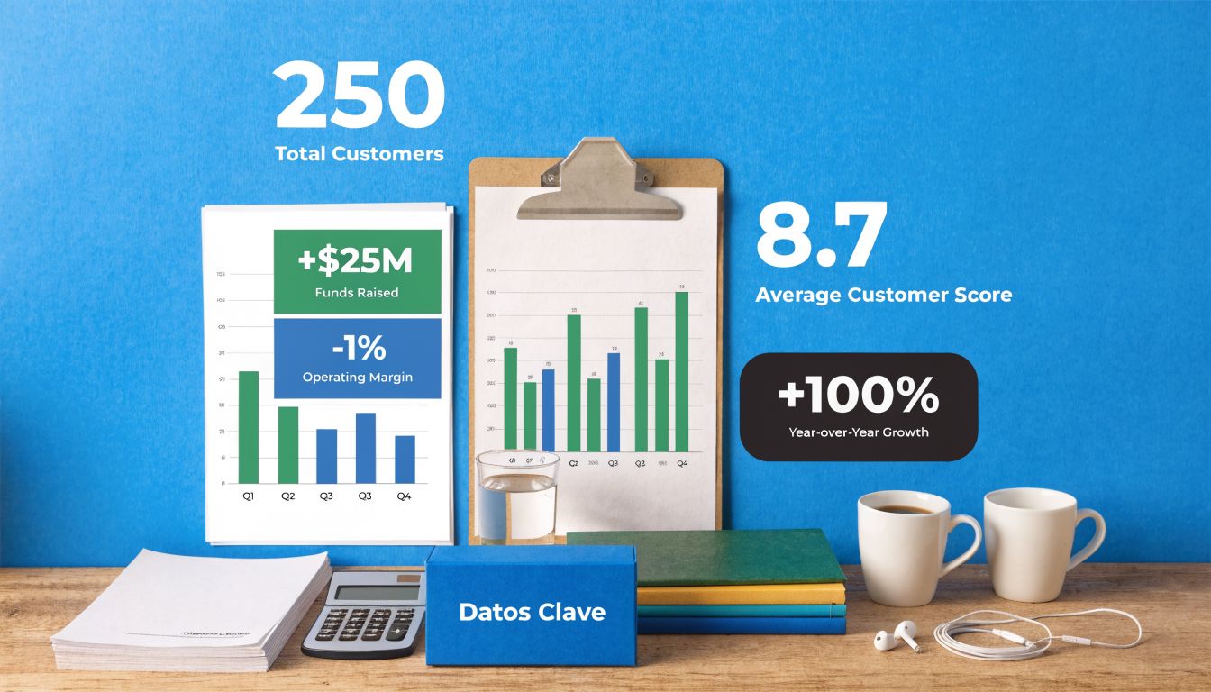 Infografía sobre el informe de ventas mostrando estadísticas de crecimiento, márgenes operativos y métricas de clientes.