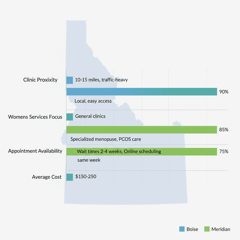 Horizontal bar chart comparing hormone therapy access between Boise and Meridian, highlighting clinic proximity, services, availability, and costs for women's health conditions like menopause.