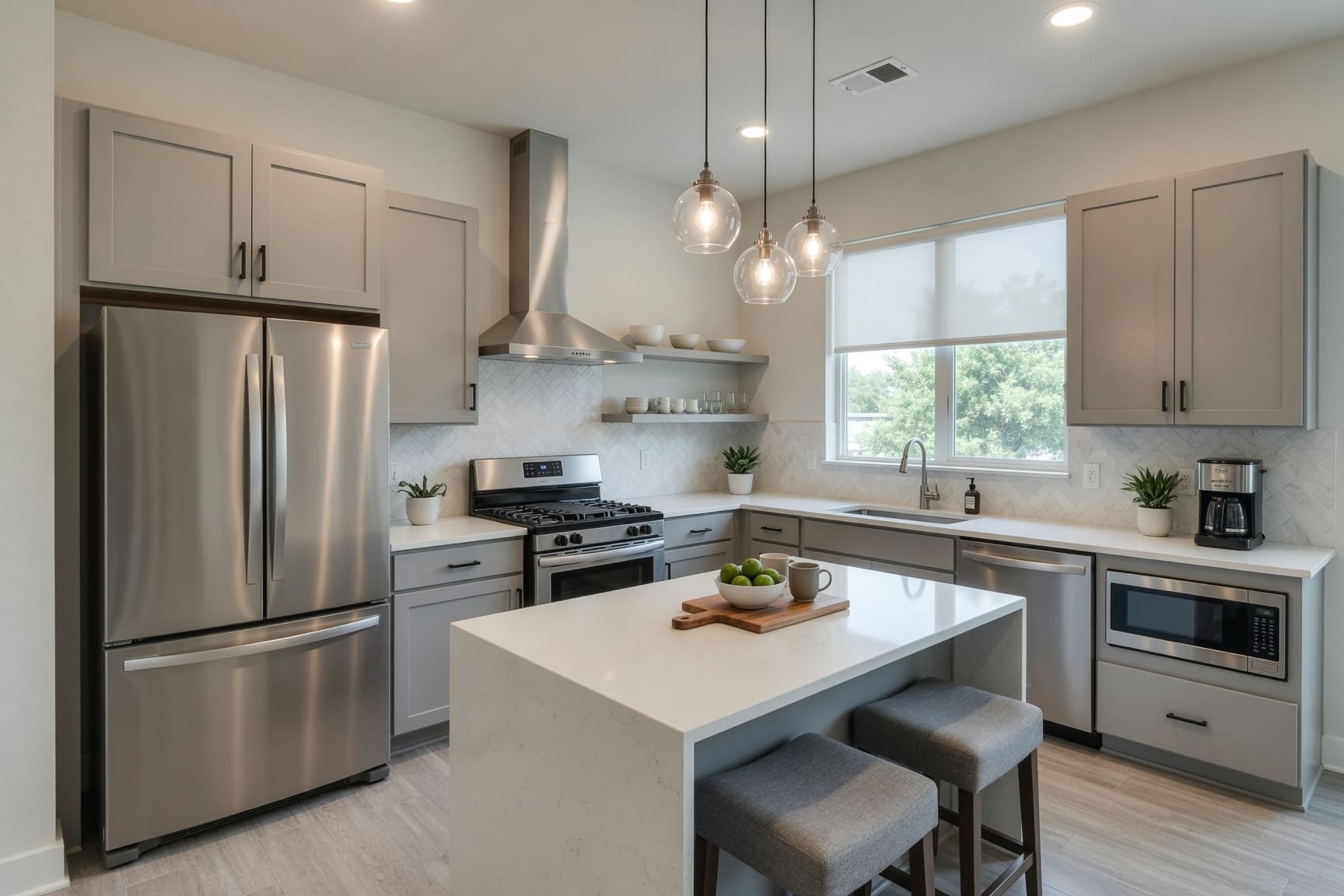 Modern kitchen with island, stainless appliances, and pendant lighting