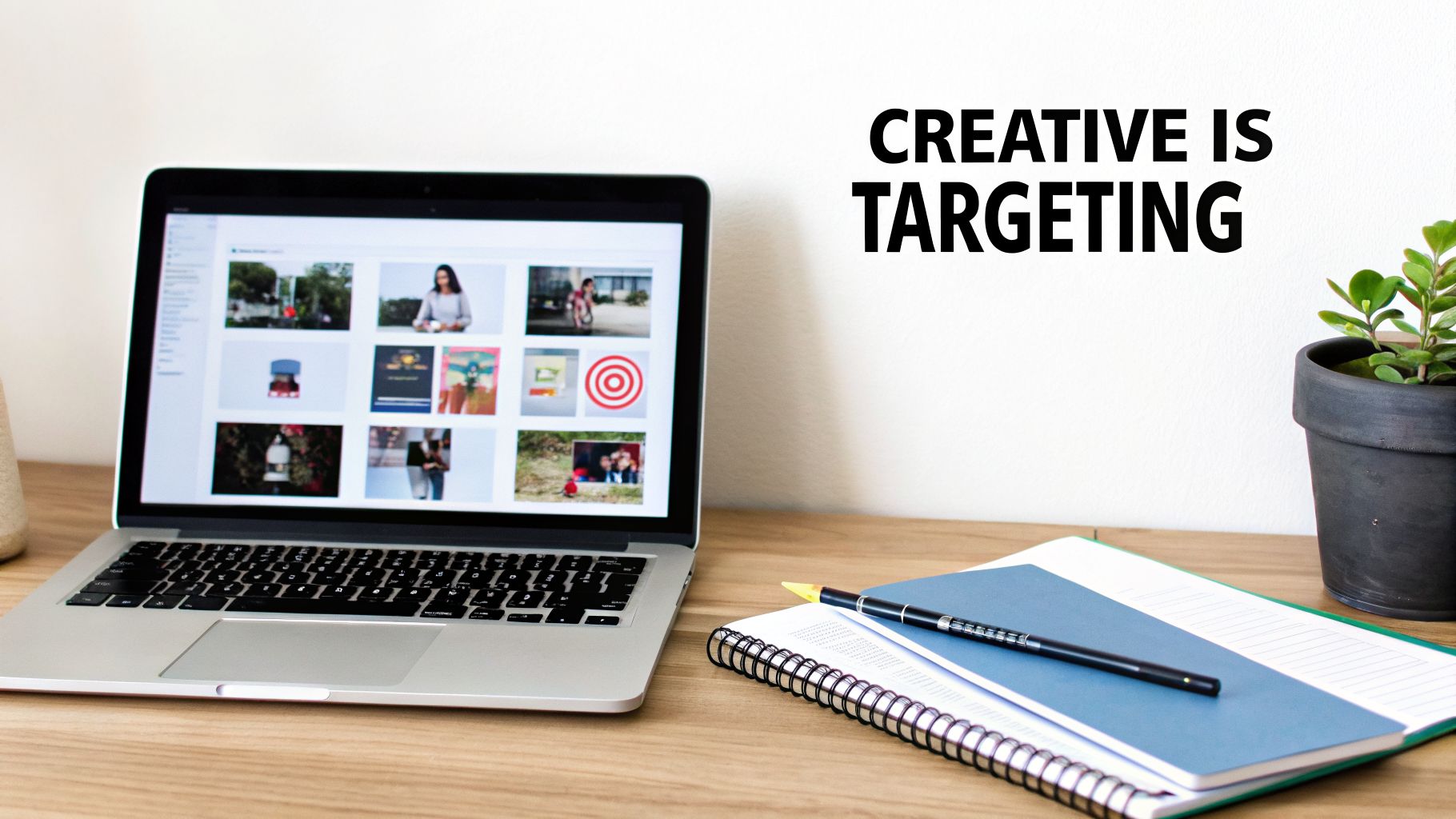 Laptop on a desk displaying image thumbnails and a target symbol. Text on wall says 'CREATIVE IS TARGETING'.