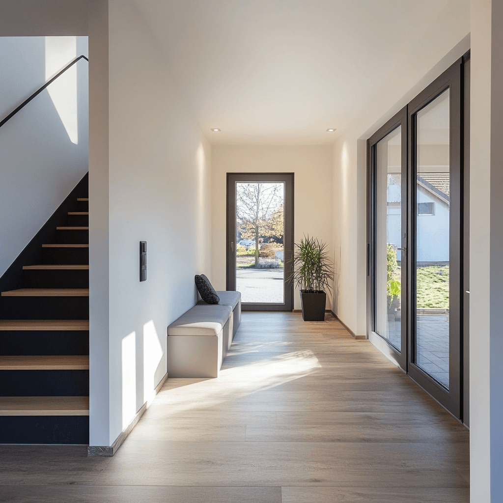 Renovierter Eingangsbereich mit viel Licht und großen Fenstern