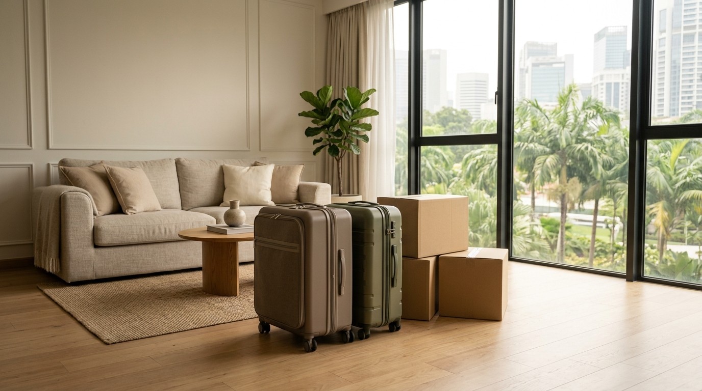 Two closed suitcases and blank boxes in a bright serviced apartment living room