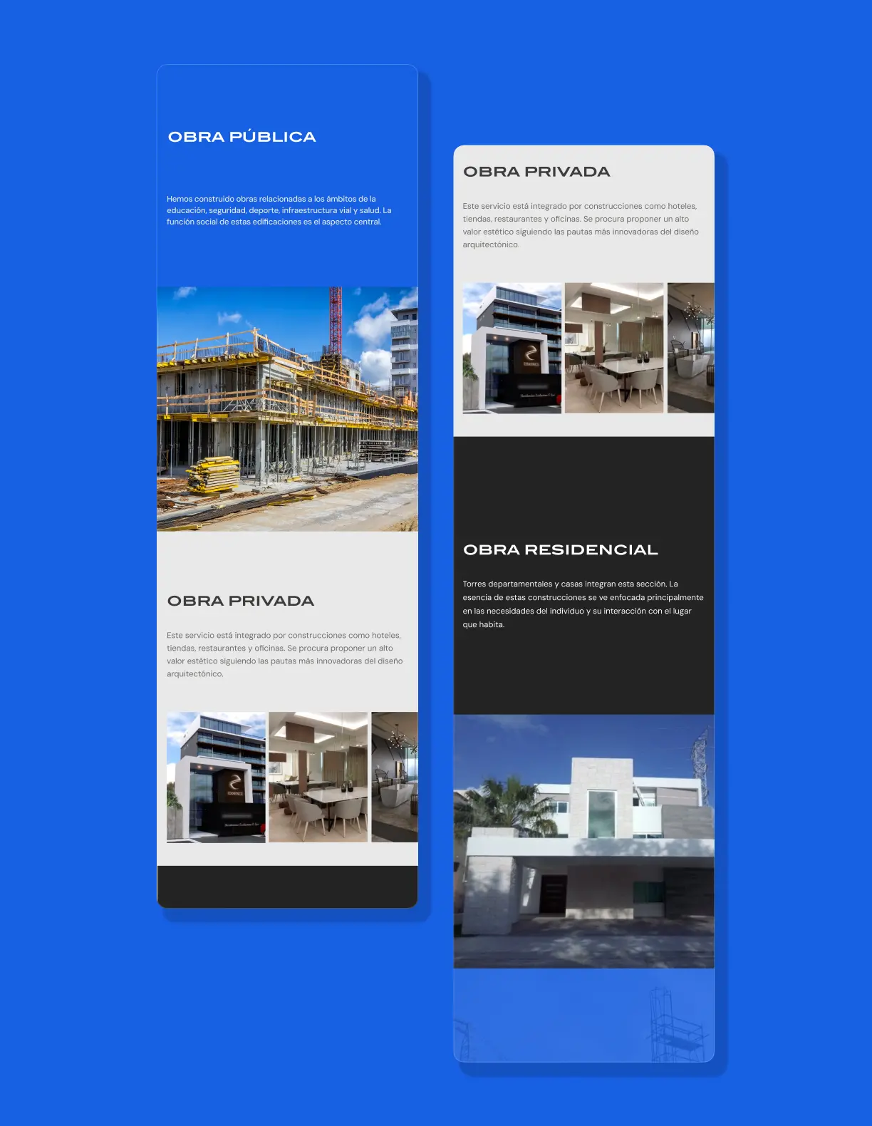 Vista móvil del sitio web de Constructora Jaguar del Caribe con secciones Obra Privada y Obra Residencial — diseño web para constructoras en Cancún por Teorema Estudio