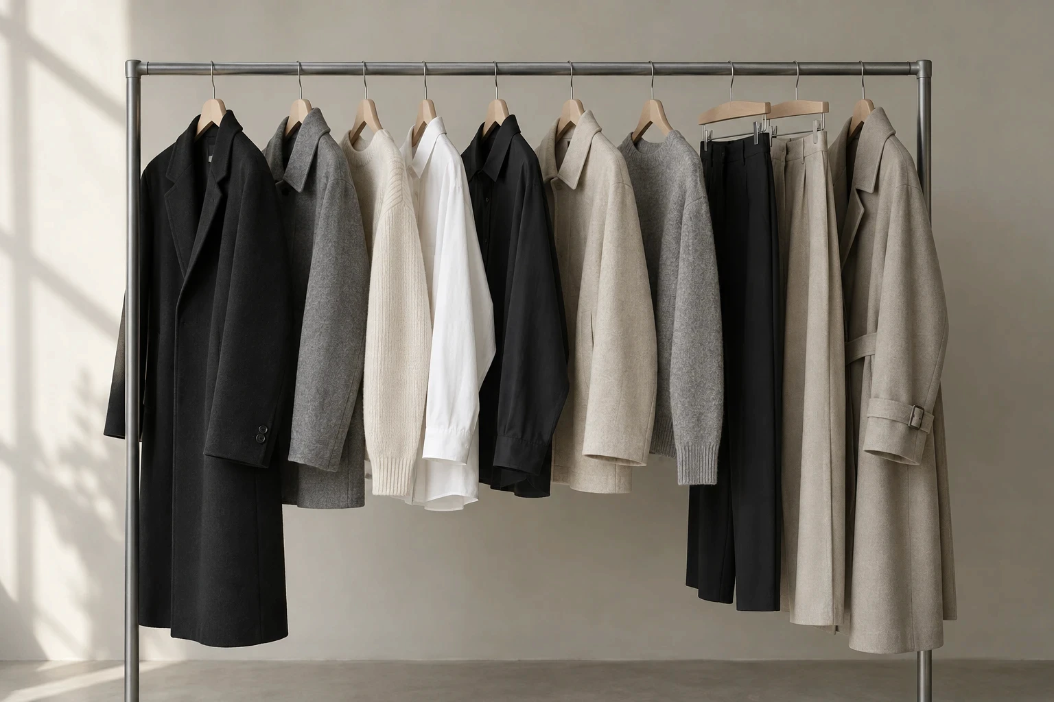 Clothing rail with black, grey and ivory garments