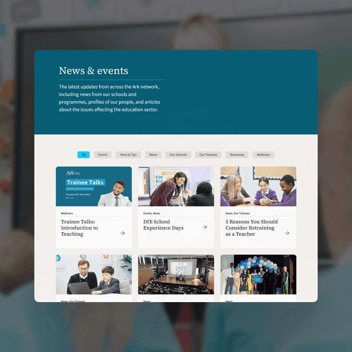 Ark Teacher Training news and events page displaying a grid of articles and photographs of teachers and classroom activities