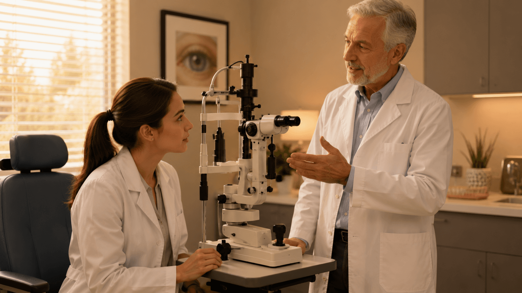 An older ophthalmologist standing beside a slit lamp explaining it to a younger physician seated at the instrument in a warm established practice exam room, a mentorship moment during a practice transition
