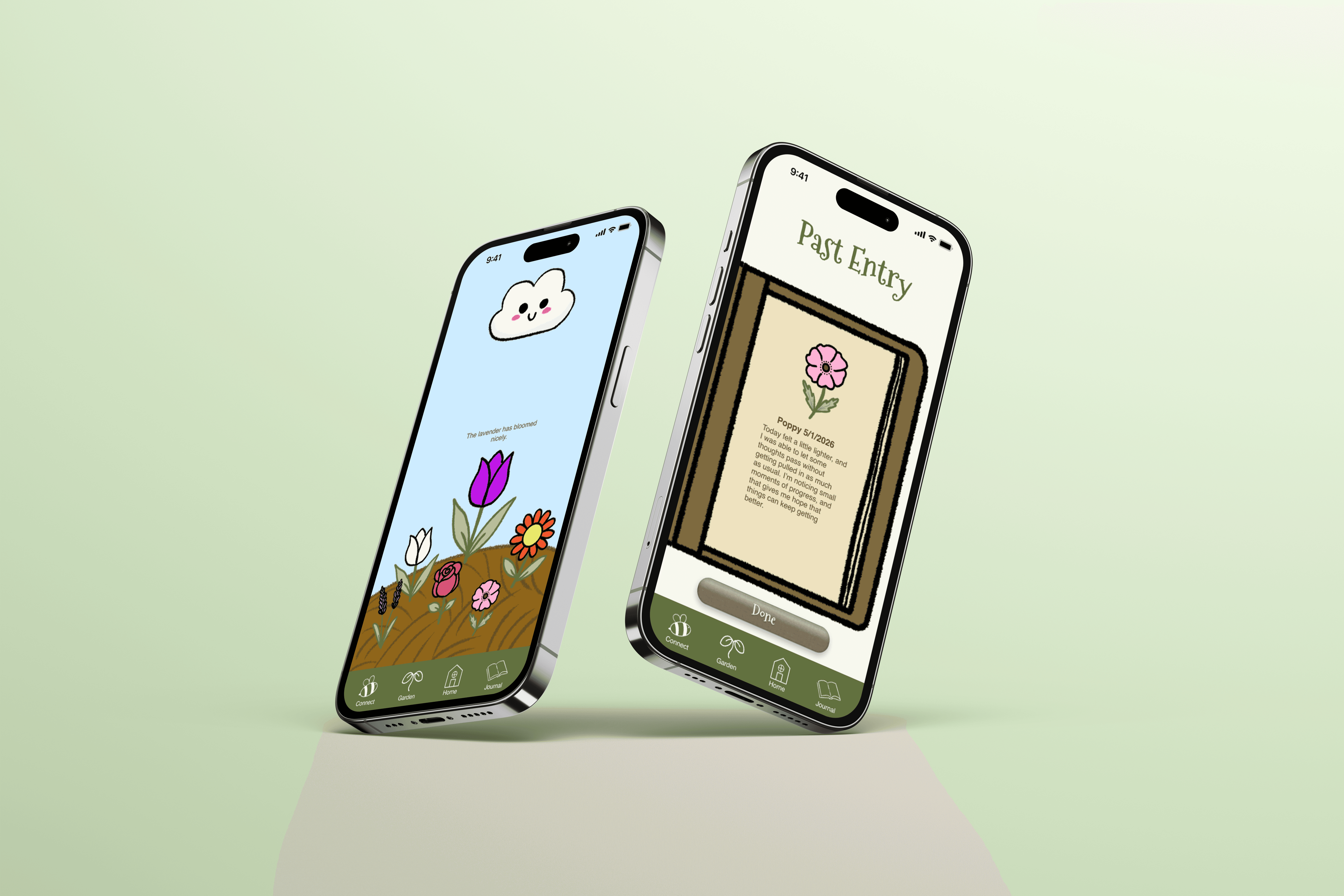 Two iphones showing the garden and past journal entry for Let it Grow
