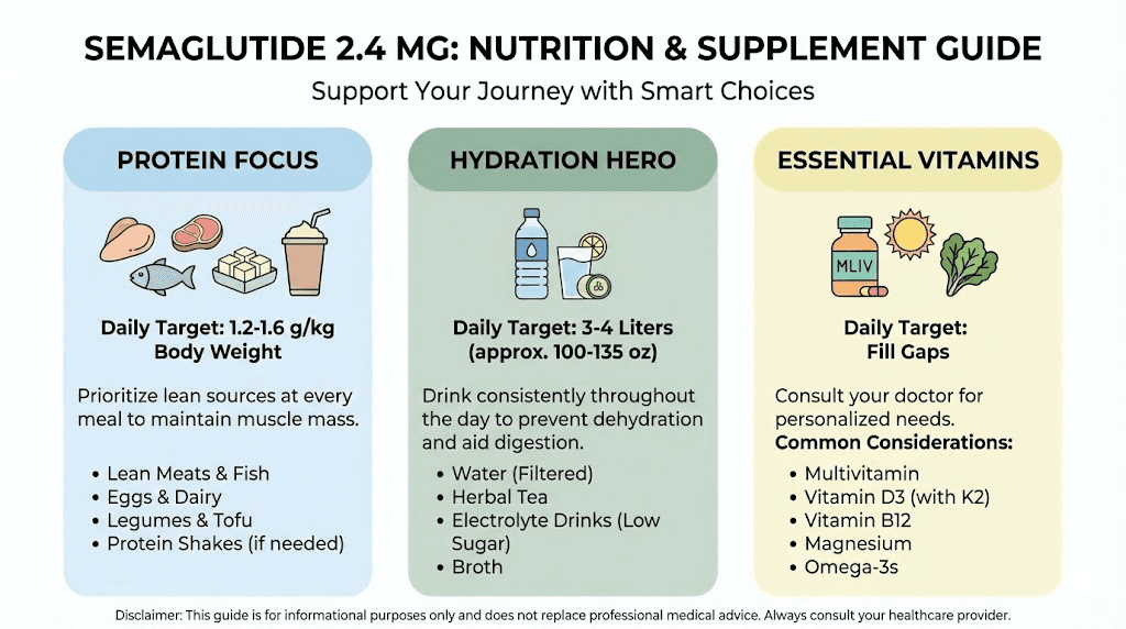 Diet and supplement recommendations while on semaglutide 2.4 mg maintenance dose